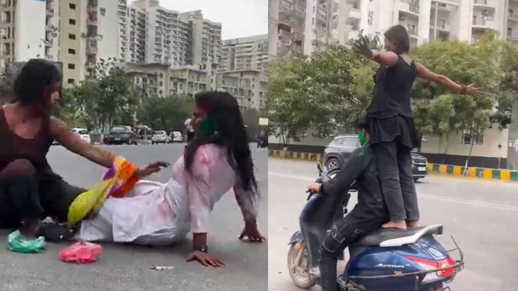 Viral Video of women making Objectionable Reels with Holi Colours Delhi Traffic Police Issues Challan ANN होली के रंग और रील्स के नशे में आज के युवा, फिर बनाया गया अश्लील वीडियो, कटा चालान