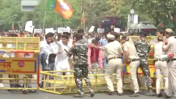 Delhi BJP’s protest follows AAP protest earlier in the day outside the Patel Chowk metro against Arvind Kejriwal’s arrest by the ED. (Photo: ANI)