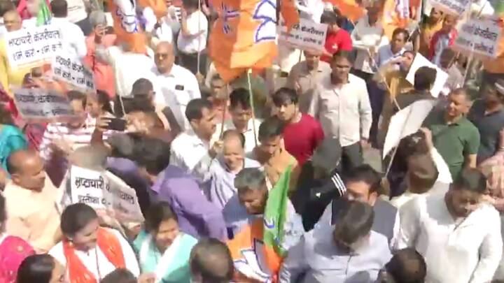 BJP held a protest in Delhi demanding resignation of Delhi CM Arvind Kejriwal. (Photo: ANI)