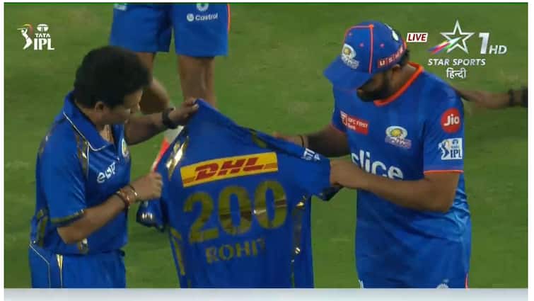 Sachin Tendulkar just presented Rohit Sharma with a special 200 jersey. This is Rohit's 200th IPL game for Mumbai Indians. Rohit Sharma: రోహిత్ శర్మకు సచిన్‌ స్పెషల్‌ జెర్సీ, ఎందుకంటే ?