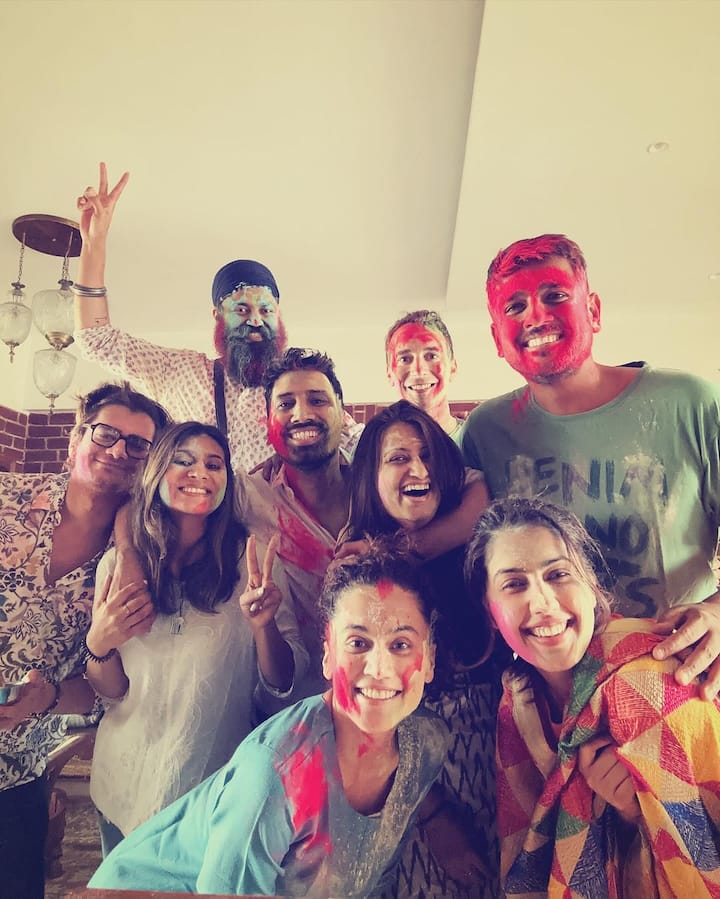 Soon after her wedding, Taapsee's friend and actor Abhilash Thapliyal shared a photo of Holi celebration in which the actor could be seen along with Mathias.  (Image: Instagram/@abhilashthapliyal)