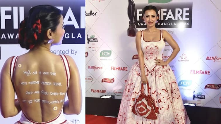 Monami Ghosh Look Bengal Craft Nakshi Kantha on Western Gown at Filmfare Awards Bangla Red Carpet Monami Ghosh Look: গাউনজুড়ে নকশি কাঁথা, খোলা পিঠে বাংলা হরফে কবিতা, রেড কার্পেটে নজর কাড়লেন মনামী