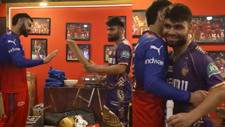 watch virat kohli gifts his bat to rinku singh batsman after hitting fifty in rcb vs kkr ipl 2024 match Watch: विराट कोहली ने दिखाई दरियादिली, रिंकू सिंह को गिफ्ट किया अपना बैट