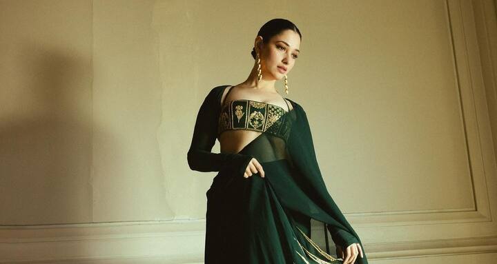 In the pictures she shared, Tamannaah is seen sporting a golden embroidered sleeveless bottle green top.