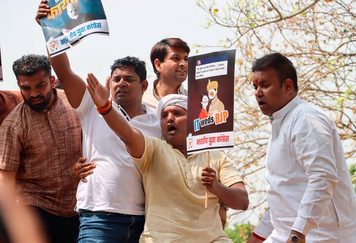 Indian Youth Congress (IYC) members led by president Srinivas BV were detained in the national capital during their march. (PTI Photo)