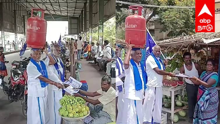 Lok Sabha Election 2024  Villupuram candidate who collected votes by walking with a cylinder on his head - TNN Lok Sabha Election 2024: தலையில் சிலிண்டருடன் வாக்கு சேகரிப்பில் ஈடுபட்ட வேட்பாளர் - விழுப்புரத்தில் சுவாரசியம்