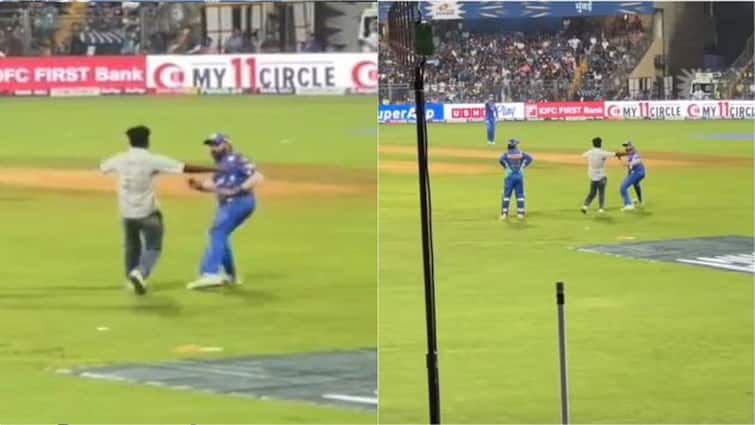 Rohit Sharma: A fan entered into the ground & hugged Rohit Sharma and Ishan Kishan in Wankhede Stadium Rohit Sharma: मैदानावर अचानक तो धावत आला, रोहित शर्मा घाबरुन दोन पावले मागे गेला; स्वत:ला सावरत हात मिळवला! Video