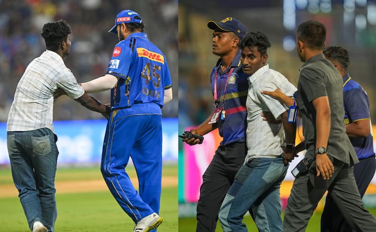 IPL 2024 MI vs RR Rohit Sharma fan enter the Wankhede Stadium and hugged him Mumbai Indians vs Rajasthan Royals MI vs RR: रोहित शर्मा से अचानक मैदान पर मिलने पहुंचा जबरा फैन, फिर जो हुआ...