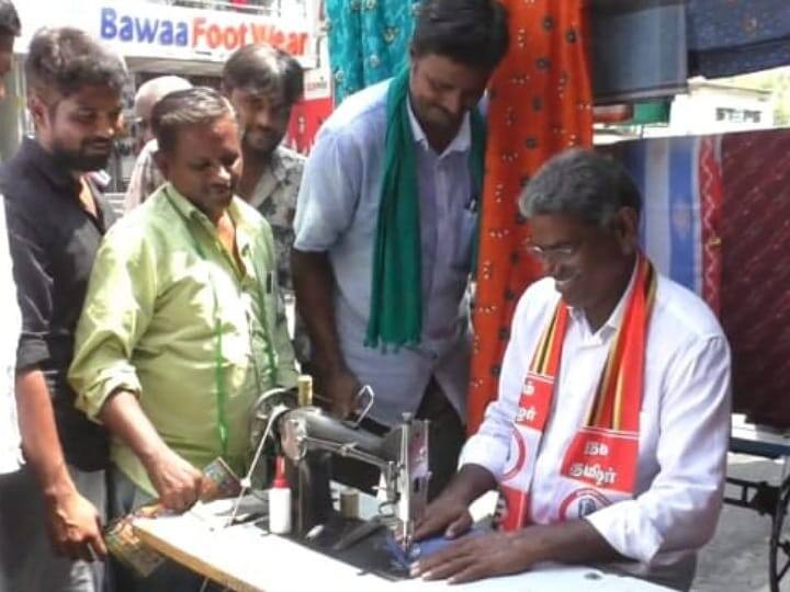 Lok Sabha Election 2024 NTK candidate collected votes from tailors by sewing clothes - TNN துணிகளை தைத்து தையல் கலைஞர்களிடம் வாக்கு சேகரித்த நாம் தமிழர் கட்சி வேட்பாளர்