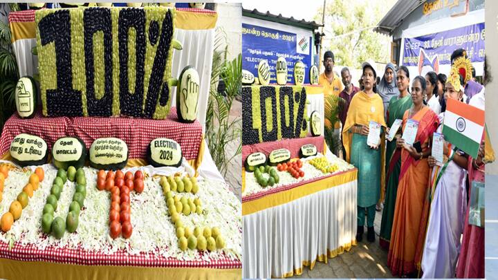 loksabha election 2024 : Election awareness on vegetables and fruits was held in Theni on the need for 100 percent voting. Loksabha election 2024 : 100 சதவீதம் வாக்களிப்பதன் அவசியம் என்ன? -  வீடியோ