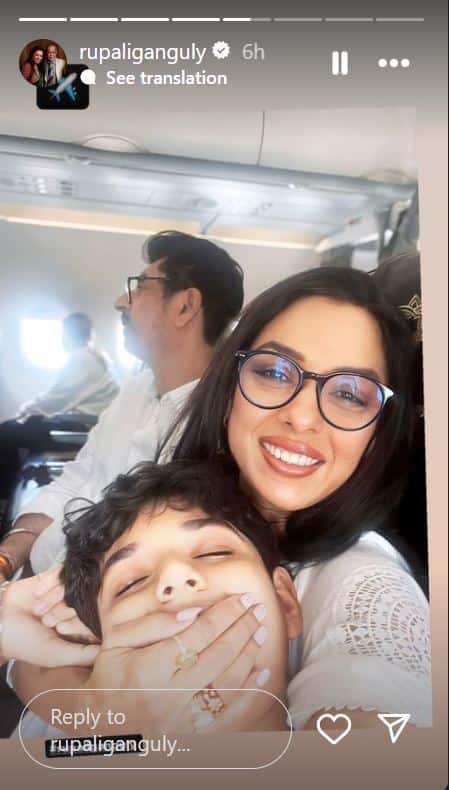 In the pictures, she can be seen with her husband and son from airport and aboard flight to Goa.