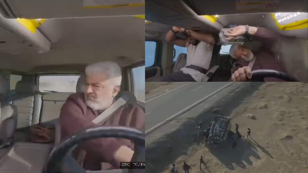 actor ajithkumar car chasing scene in vidamuyarchi video viral Ajith Kumar: காருடன் கவிழ்ந்த அஜித்.. விடாமுயற்சி ஷூட்டிங்கில் இருந்து வெளியான ஷாக் வீடியோ!
