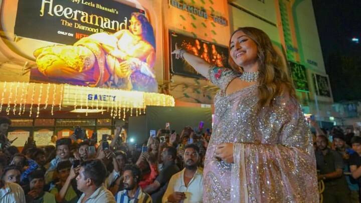 Check out how Sonakshi Sinha sparkled at a 'Heeramandi' song launch at Gaiety-Galaxy, one of Mumbai's oldest theatres.