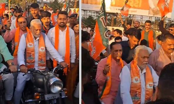 BJP bike rally in support of Parshottam Rupala Rajkot: રુપાલાના સમર્થનમાં ભાજપની બાઈક રેલી, રૂપાલાએ બુલેટ ચલાવ્યું રૂપાણી પાછળ બેઠા