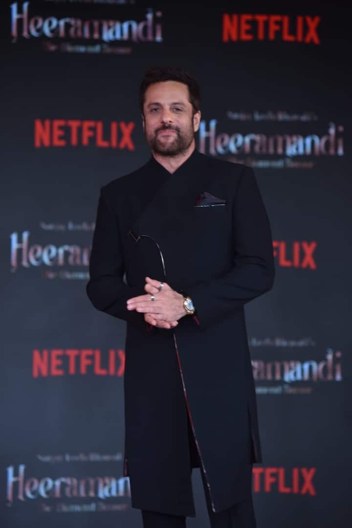 Fardeen Khan attended the trailer launch event in a black bandhgala suit.