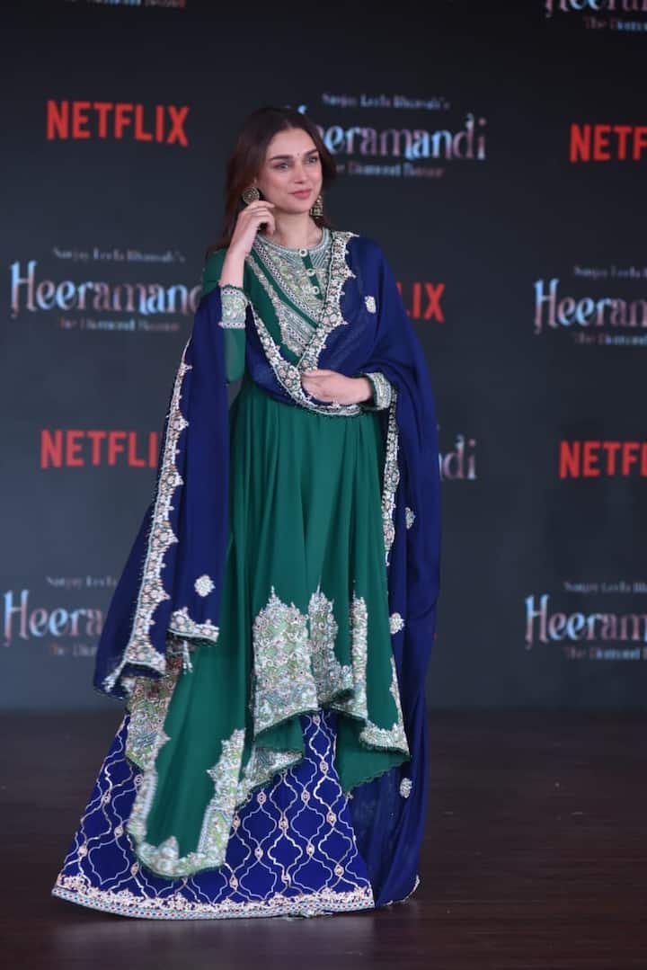 Aditi Rao Hydari is epitome of royalty in green and blue sharara suit.