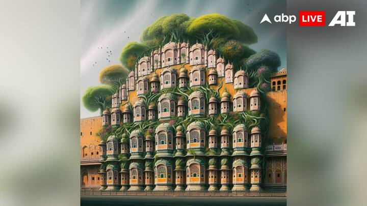 हवा महल गुलाबी रंग की बालकनियों और जालीदार खिड़कियों के लिए पॉपुलर है. अगर इसमें पेड़-पौधे उग जाएं तो हवा महल कुछ ऐसा दिखेगा.