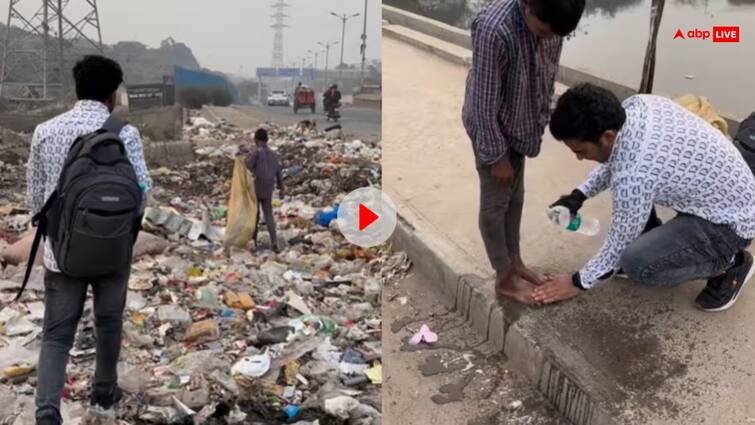 Man gifted new clothes shoes and cleans feets with hands of child collecting garbage emotional video viral हाथों से धोए पैर, पहनाए नए कपड़े और फिर... कचरा बीन रहे बच्चे के लिए शख्स ने जो किया, दिल जीत लेगा Video