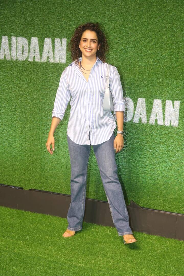 Sanya Malhotra opted for casual look for the screening in a shirt and jeans.