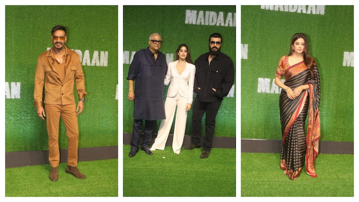 A special screening of Ajay Devgn starrer Maidaan was held in Mumbai on Tuesday night. Celebs including Janhvi Kapoor, Arjun Kapoor, Priyamani, Sanya Malhotra attended the screening.