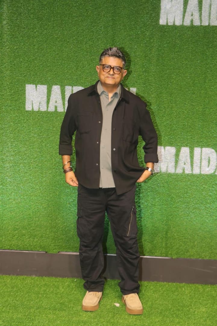 Actor Gajraj Rao, who is also a part of Maidaan, attended the screening in black jeans and age.
