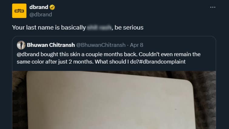 Dbrand Controversy Racist Customer Complaint Bhuwan Chitransh MacBook Skin Colour Reaction Twitter X Row Cases Manufacturer Dbrand Makes Racist Comment Over MacBook Accessory Complaint By Indian Customer