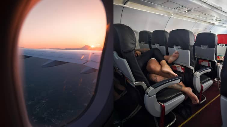 Couple lying close to each other for 4 hours in flight photos goes viral on internet Couple Viral Photos: फ्लाइट में 4 घंटे तक एक दूसरे से चिपक कर लेटा रहा कपल, वायरल हुईं तस्वीरें