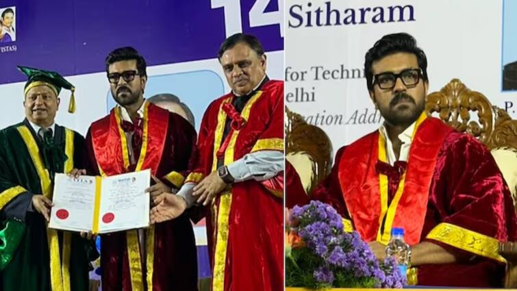 Actor Ram charan is bestowed with honorary doctorate for his contribution towards art from Vels university today Ram Charan: நடிகர் ராம் சரணுக்கு கவுரவ டாக்டர் பட்டம்! வேல்ஸ் பல்கலைக்கழகத்தில் பட்டமளிப்பு விழா!