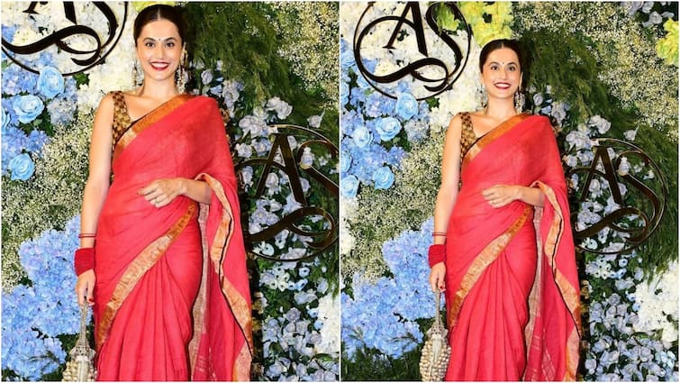Taapsee Pannu's red cotton saree look is going viral fans adore her simplicity Taapsee Pannu: शादी के बाद पहली बार दिखीं तापसी पन्नू, सुर्ख लाल रंग की सूती साड़ी को किया खूबसूरती से स्टाइल