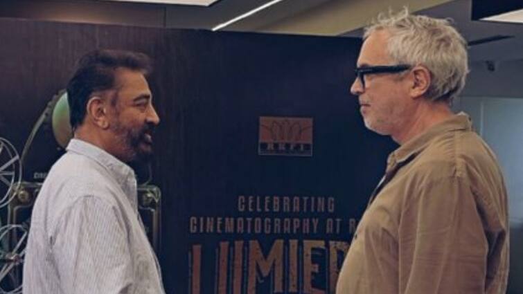 actor kamalhassan meets mexican director alpfonso cuaron picture goes viral Kamalhassan : ஹாரி பாட்டர்  இயக்குநரை சந்தித்த உலகநாயகன் கமல்ஹாசன்...வைரலாகும் புகைப்படம்