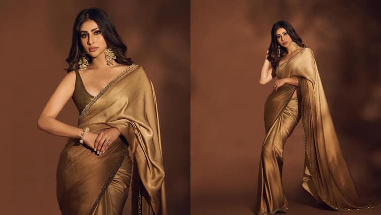 Mouni Roy looks ethereal in golden satin saree take fashion tips for upcoming wedding season Saree Look: आने वाली वेडिंग सीजन में दिखना है स्टाइलिश और ट्रेडिशनल, तो मौनी रॉय के इस लुक से लें टिप्स