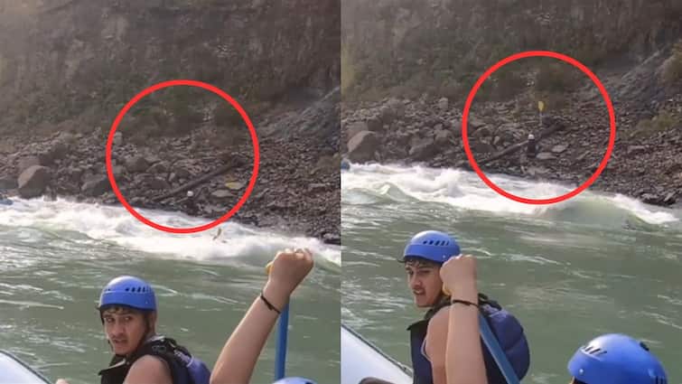 Raft stuck in rapid during rafting guide jumped rishikesh viral video राफ्टिंग के दौरान रैपिड में फंसी राफ्ट, इतनी ऊपर उछल गया गाइड​ नहीं होगा यकीन, देखें VIDEO