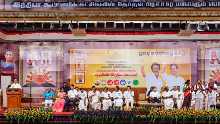 Congress MP Rahul Gandhi along with Tamil Nadu Chief Minister and DMK president Stalin spoke at a show of strength campaign rally in Coimbatore on Friday in support of I.N.D.I.A bloc leaders.