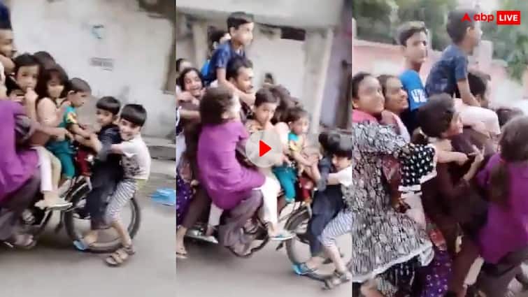 In the viral video a person is seen putting 13 children on a bike and driving it at speed trending Video: 3,4 या 5 नहीं... एक शख्स बाइक पर बैठा ले गया 13 बच्चे! ये कैसे हुआ, वो आप इस वीडियो में देख लीजिए