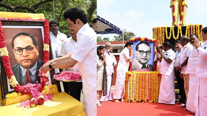 CM MK Stalin pays floral tributes to Ambedkar statue in Manimandapam on the occasion of Ambedkar's birthday அம்பேத்கரின் 134-வது பிறந்தநாள் இன்று..  மணிமண்டபத்தில் சிலைக்கு முதல்வர் மு.க.ஸ்டாலின் மரியாதை!