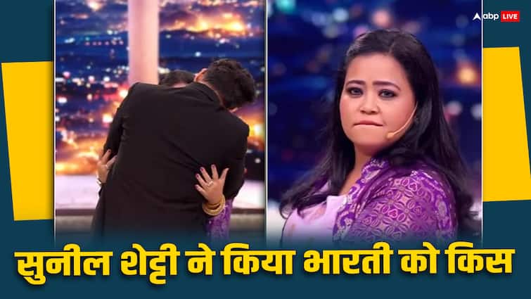 suniel shetty romantic with bharti singh kisses comedian on stage video viral भारती सिंह के साथ रोमांटिक हुए सुनील शेट्टी, सबके सामने कॉमेडियन को कर दिया किस!