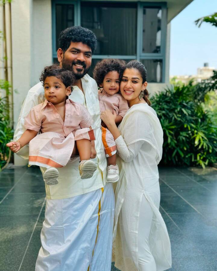 நடிகை நயன், அவரது கணவர் விக்னேஷ் சிவனுடனும் உயிர், உலக் ஆகிய இரு மகன்களுடனும் விஷூ, தமிழ் புத்தாண்டை கொண்டாடினார்