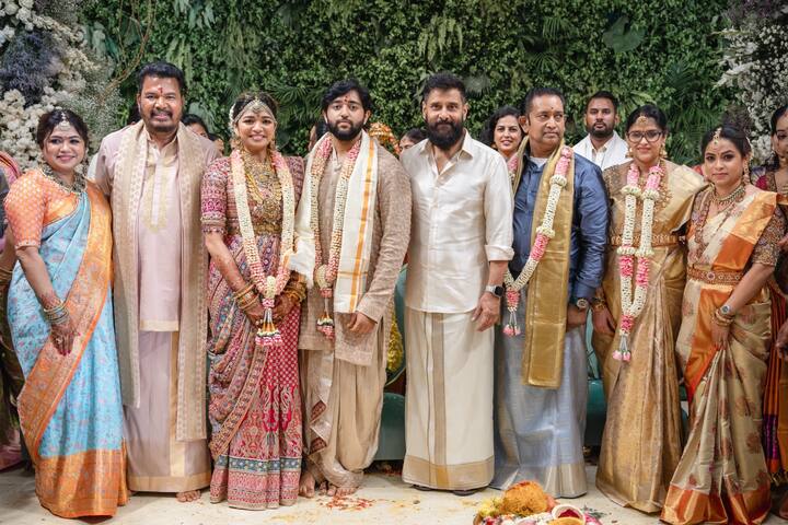 அன்னியன், ஐ உள்ளிட்ட படங்களில் ஷங்கருடன் கைக்கோர்த்த நடிகர் விக்ரம் திருமண விழாவிற்கு வருகை தந்திருந்தார்.