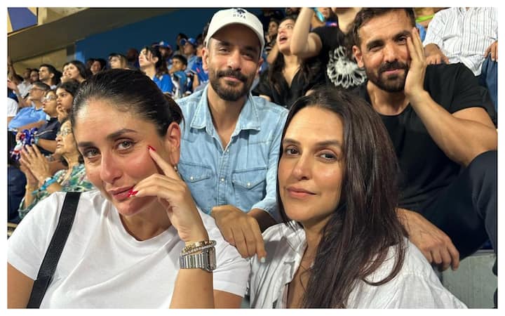 Neha Dhupia attended the Indian Premier League (IPL) match between Chennai Super Kings and Mumbai Indians along with her “crew” featuring Kareena Kapoor Khan, John Abraham, and Angad Bedi.