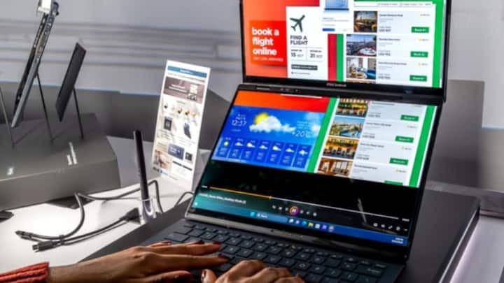 This laptop has two OLED screens, whose size is 14 inches and peak brightness is 500 nits.  The resolution of the first display is 1920 x 1200 pixels and the refresh rate is 60Hz, while the resolution of the second display is 2880 x 1800 and the refresh rate is 120Hz.