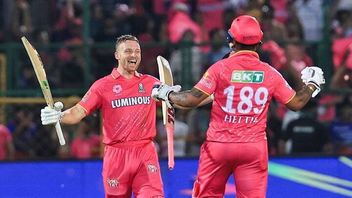 2- 100* off 58 balls by Jos Buttler: In the same RR vs RCB IPL 2024 match, Jos Buttler scored a magnificent hundred, overshadowing Virat Kohli’s century, in the second innings of the match getting his team over the line by hitting a six. (Image Credits: PTI)