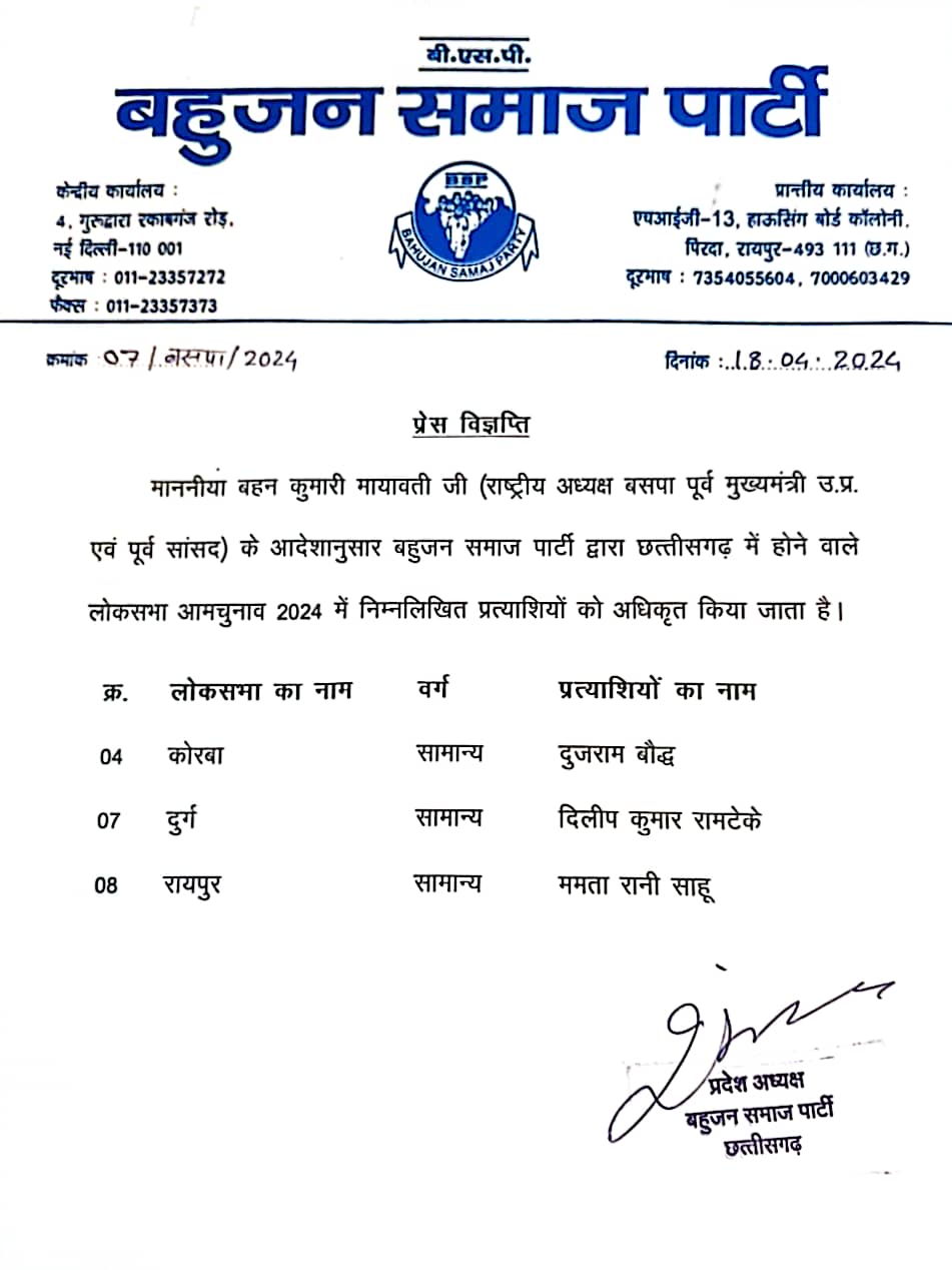 छत्तीसगढ़ की 3 लोकसभा सीटों के लिए BSP उम्मीदवारों का ऐलान, विजय बघेल के सामने इन्हें दिया टिकट