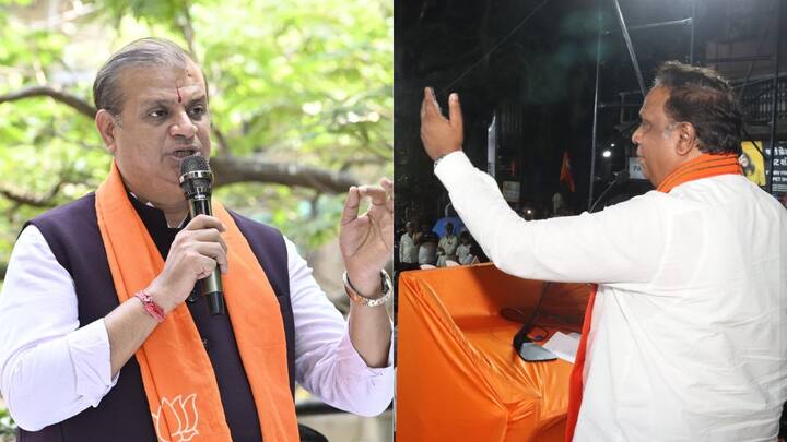 Shivsena Shinde Camp party workers get aggressive stops Ashish Shelar speech due to BJP candidate not put Balasaheb Thackeray Anand Dighe photot on banner North East Mumbai constituency: मिहीर कोटेचांच्या बॅनरवरुन बाळासाहेब बाळासाहेब ठाकरे, आनंद दिघेंचा फोटो गायब; संतापलेल्या शिवसैनिकांची आशिष शेलारांच्या भाषणावेळी घोषणाबाजी