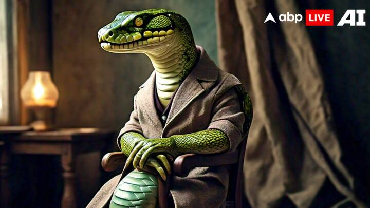 इस तस्वीर में आप एक खतरनाक हरे रंग के सांप को ओवर कोट पहने हुए देख सकते हैं. तस्वीर देखनें में बिल्कुल जीवंत लग रही है. हालांकि, इस तस्वीर को भी एआई ने बनाया है.