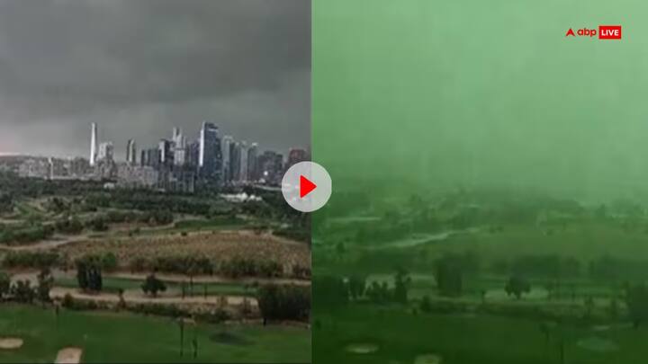 Dubai cloud seeding video goes viral on social media sky turns green in colour watch Watch: देखते ही देखते हरा हो गया Dubai का आसमान, बदलते मौसम का डरा देने वाला Video आया सामने