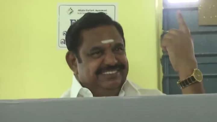 Former Tamil Nadu CM and AIADMK leader Edappadi K Palaniswami shows off his finger marked with indelible ink at Salem, Tamil Nadu after casting his voting during this Lok Sabha polls’ first phase. (Photo: ANI)