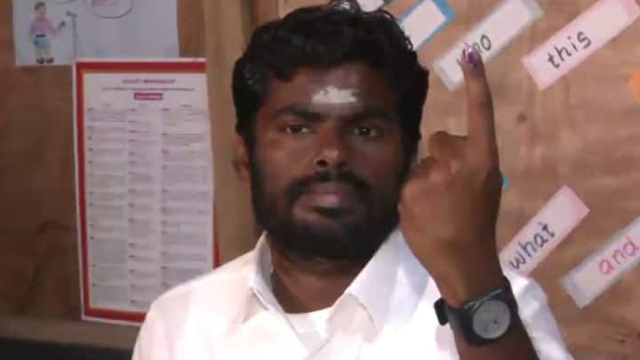 K Annamalai, Tamil Nadu BJP chief and party’s candidate from Coimbatore cast his vote at a polling booth in Uthupatti, Karur in the state (Photo: ANI)