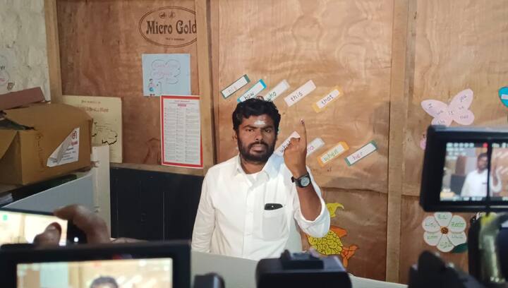 TN BJP chief and Coimbatore candidate Annamalai voted in Karur  (Credit: Special Arrangement)