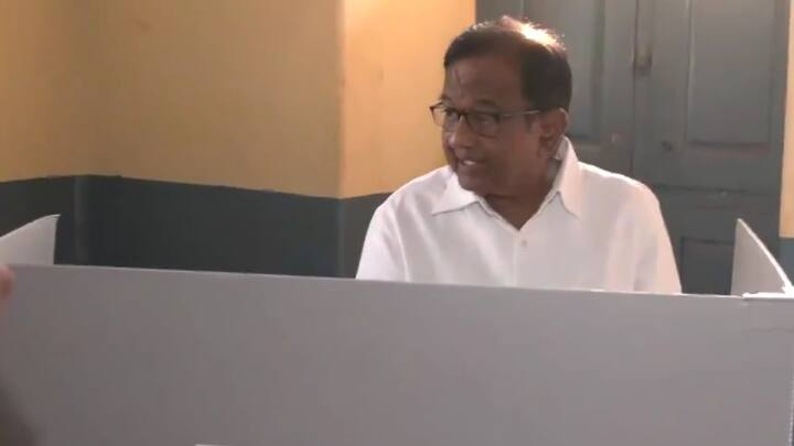 On the first phase of Lok Sabha elections, Congress leader P Chidambaram at a polling booth in Sivaganga in Tamil Nadu to cast his vote. (Photo: ANI)