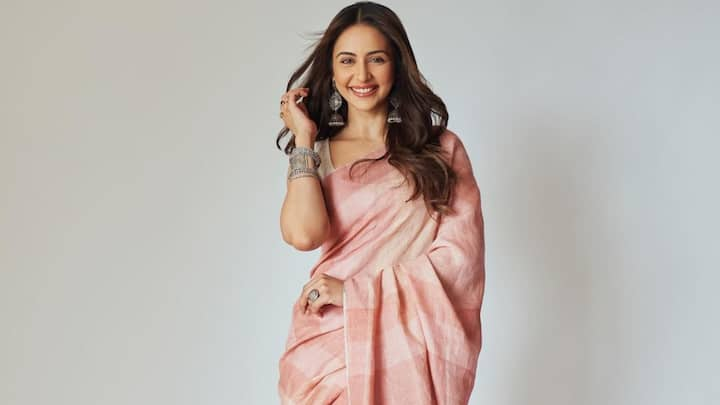 Rakul Preet Singh shared pictures of herself in a pastel peach saree looking elegant as ever.